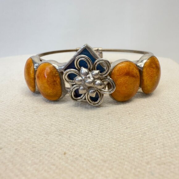 Handmade Vintage Hinged Bangle Bracelet Silver-Tone Boho Tan Blue Floral - Picture 1 of 10